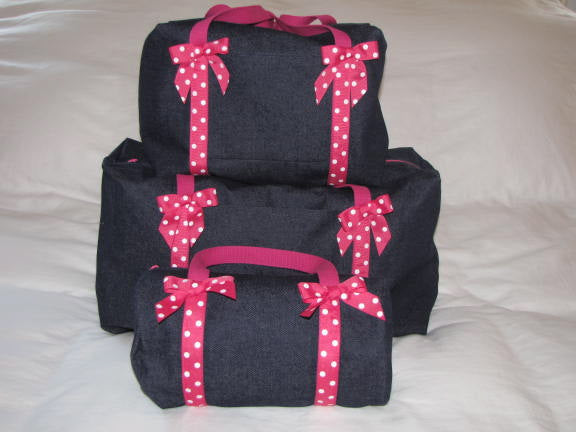 Denim Duffle Bag With Polka Dot Ribbon Trim