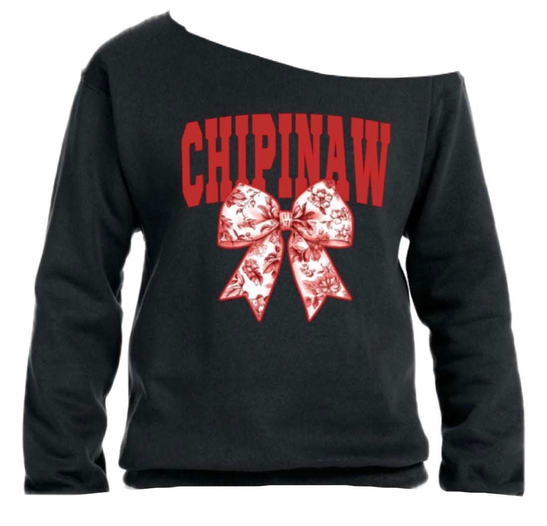 Toile Bow Off the Shoulder Crewneck Sweatshirt