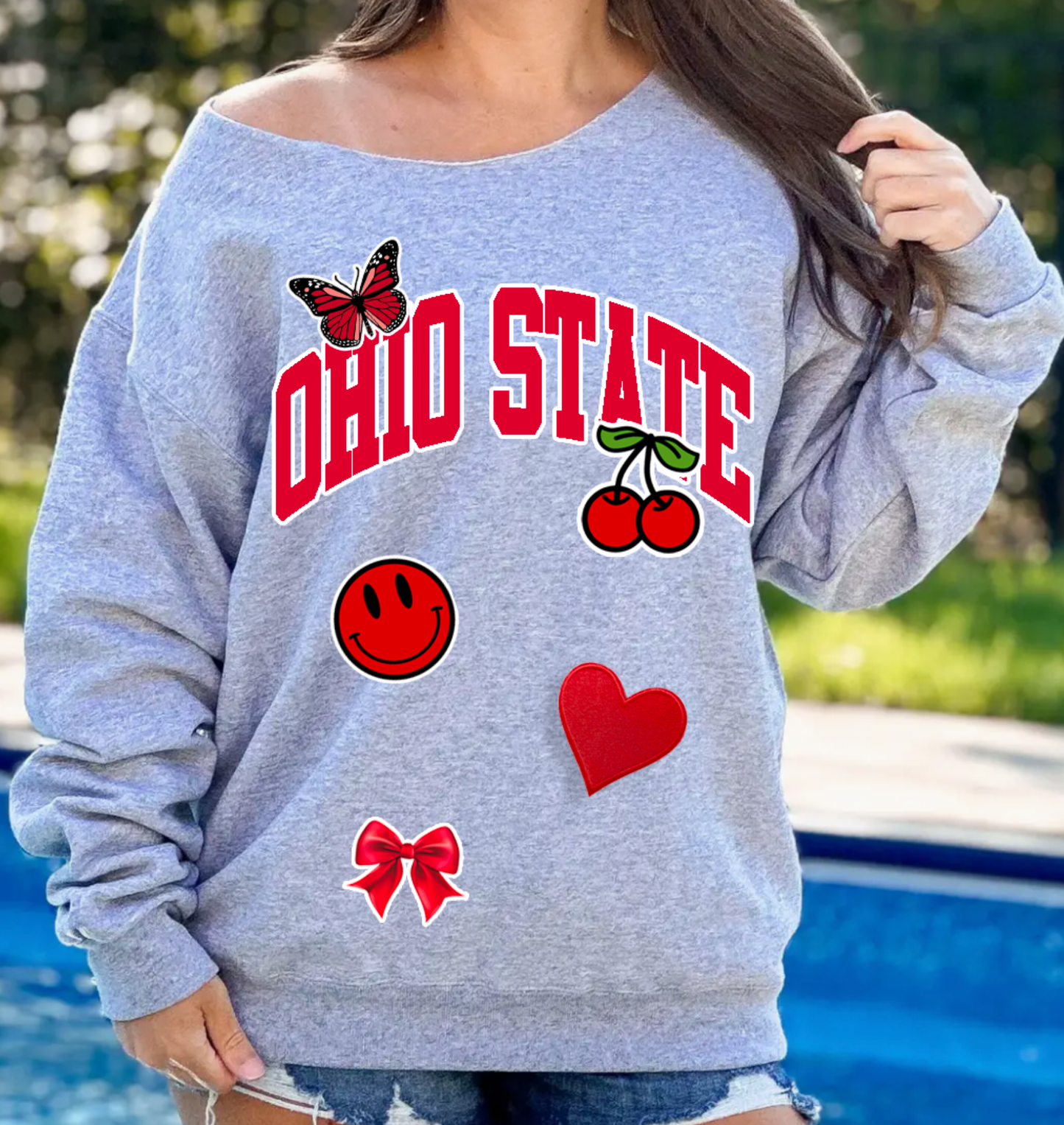 Patch Off Shoulder Grey Crewneck Sweatshirt