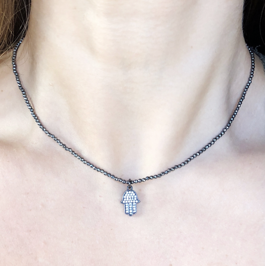 Pave Hamsa Beaded Choker