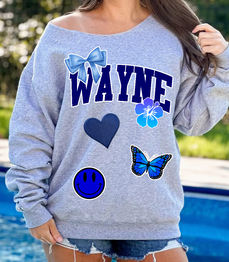 Patch Off Shoulder Grey Crewneck Sweatshirt