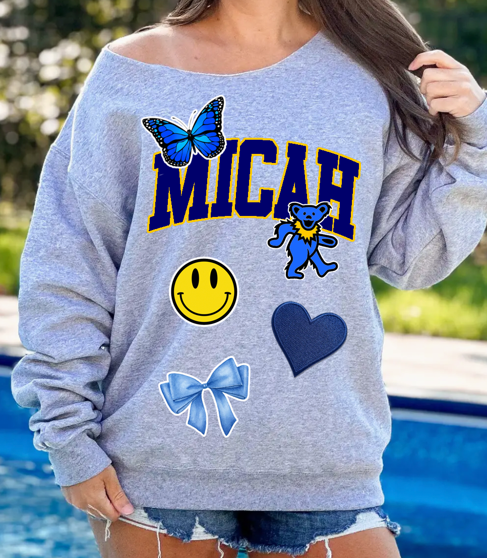 Patch Off Shoulder Grey Crewneck Sweatshirt