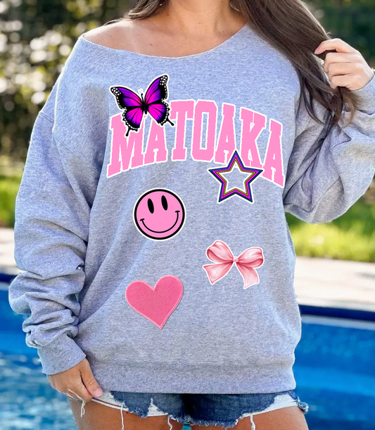 Patch Off Shoulder Grey Crewneck Sweatshirt